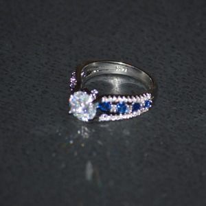 Cubic Zirconia and sapphire 925 silver Ring, sz 8